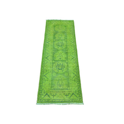 Tapis de couloir vert en laine noué à la main 2 pi x 5 pi 5 po Kazak 2 pi 5 pi 5 po