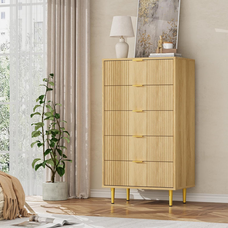 Fluted Dresser for Bedroom, Wooden Closet Clothes Storage Organizer for Living Room, Hallway, Natural Oak/5 Drawers