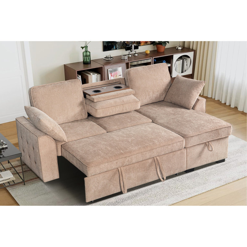 Canapé modulaire à 3 places avec plateau porte-gobelet amovible, méridienne de rangement et agencement modulaire, revêtement multifonctionnel en chenille brune, méridienne convertible, plateau à dossier réglable