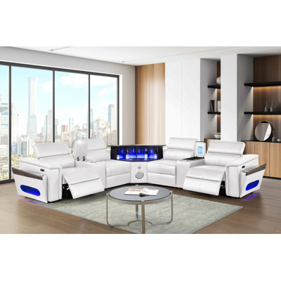 Sectional With  2 Consoles (Reading Light + Fridge), Wedge With Bluetooth Speaker, LED And Lifting Wine Cabinet - White