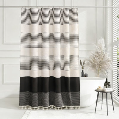 Rideau de douche en lin avec pompons, décor de salle de bain à rayures côtières, œillets résistants à la rouille