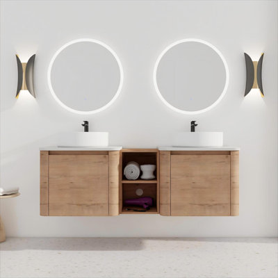 Meuble-lavabo mural 60 po avec lavabo et rangement en céramique, porte à fermeture en douceur