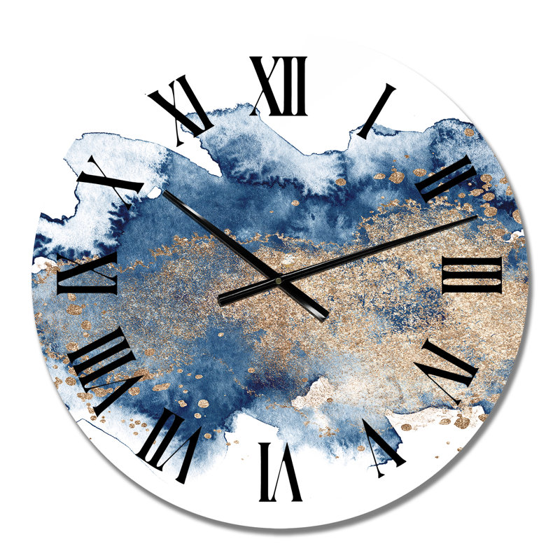 Bleu et or marbré nuages II - horloge murale moderne, Petit
