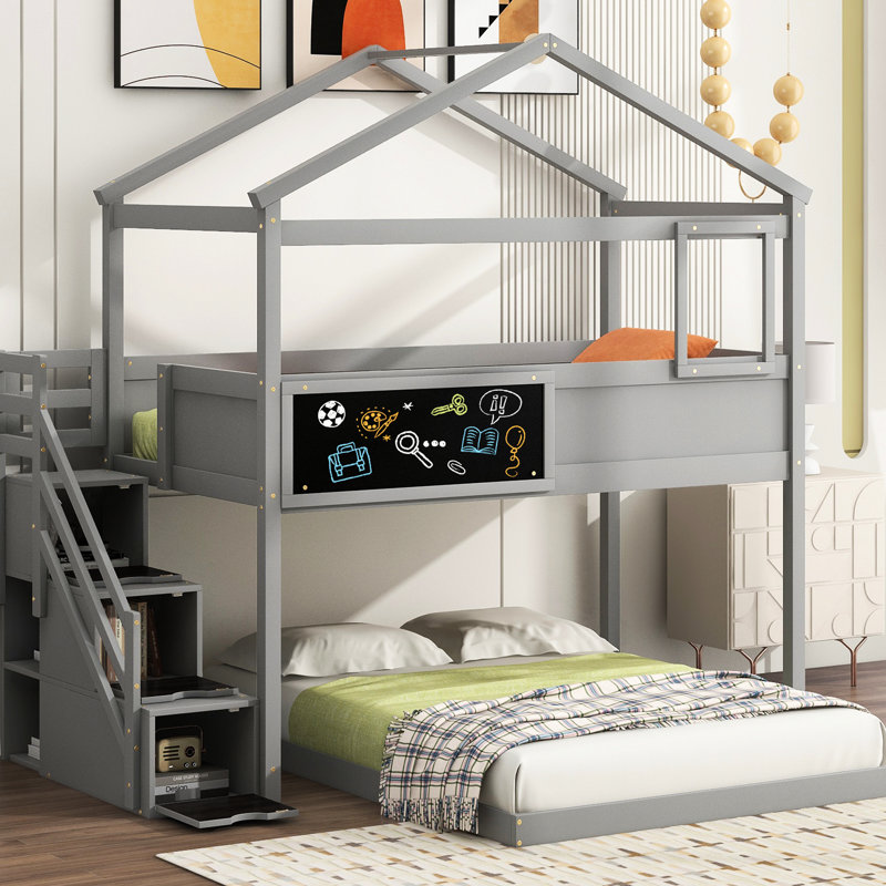 Lit simple superposé au-dessus d'un lit double gris avec rangement pratique et option d'escalier pratique, Gris