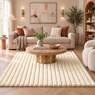 Nickole Collection Beige Ultra Soft Ribbed Faux Fur Area Rug