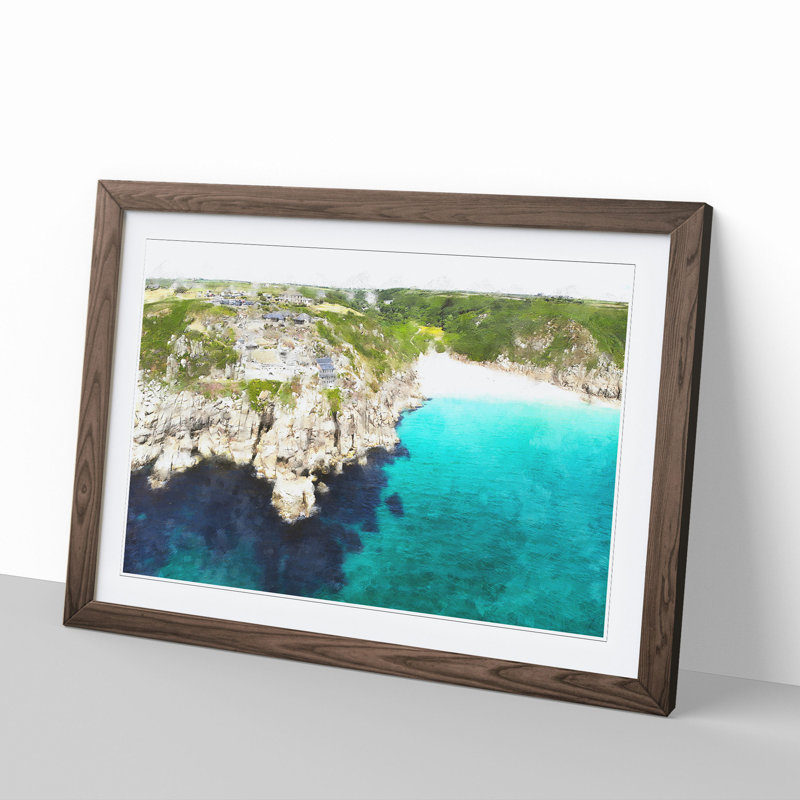 Porthcurno Beach in Cornwall - Picture Frame Graphic Art on MDF, 27cm H x 36cm W x 2cm D, Walnut Framed