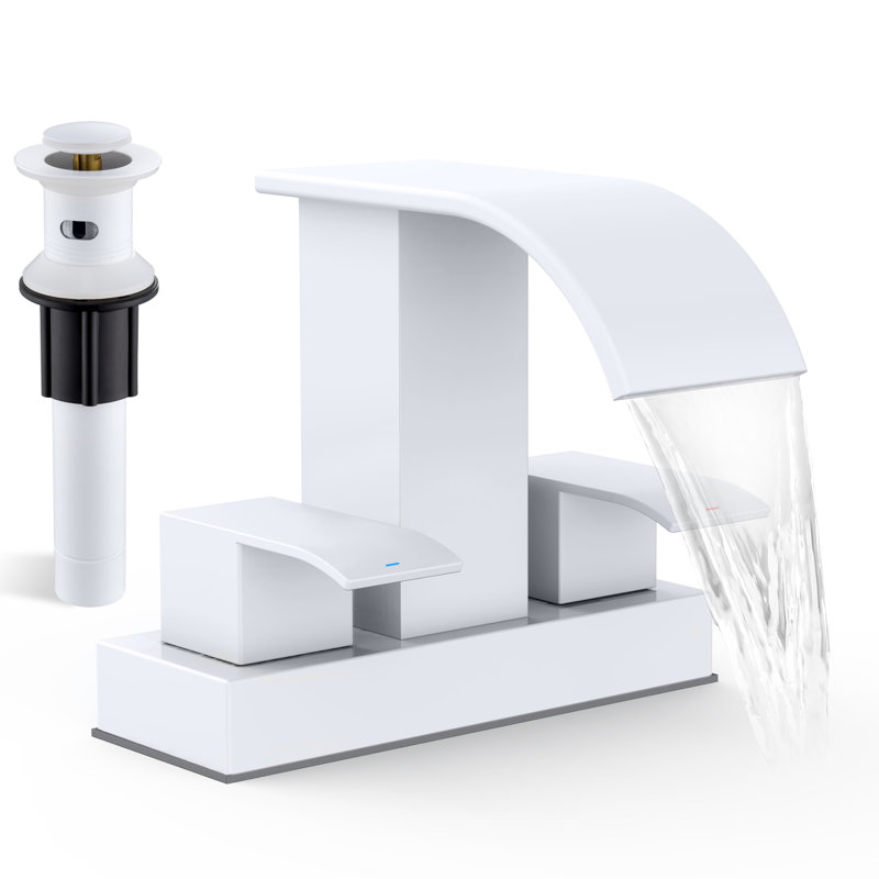4-inch Centerset Double Handle Waterfall Bathroom Sink Faucet with Drain Kit Included, Matte White