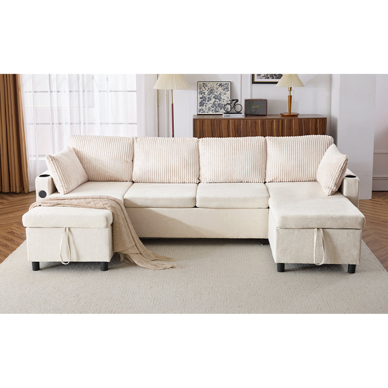 113.4" Sectional Sofa Pull-Out Sofa Bed Versatile Sofa Sleeper With Large Storage Space, Two USB Ports And Two Cup Holders For Living Room