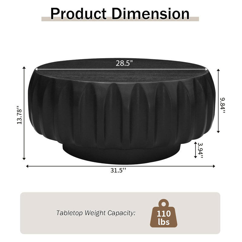 Table basse cannelée ronde en bois noir 31,5 po, Noir
