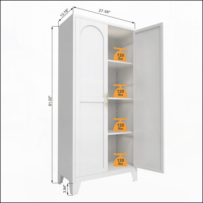 61" Metal Storage Cabinet with Doors and Adjustable Shelves, White
