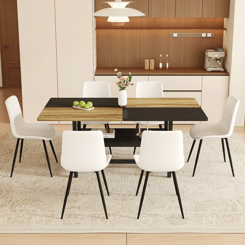 Table And Chair Set. Wooden And Black Spliced Dining Table With Storage Function In The Middle Of The Table Legs.Paired With Artificial PU Chairs With Curved Widened Cushion Design