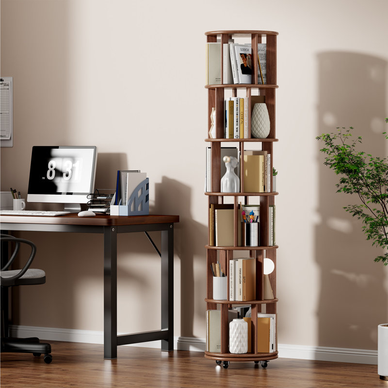 Bibliothèque rotative 100% bois massif sur roulettes, (6 tablettes) H 77,3 po x l 17,3 po x P 17,3 po
