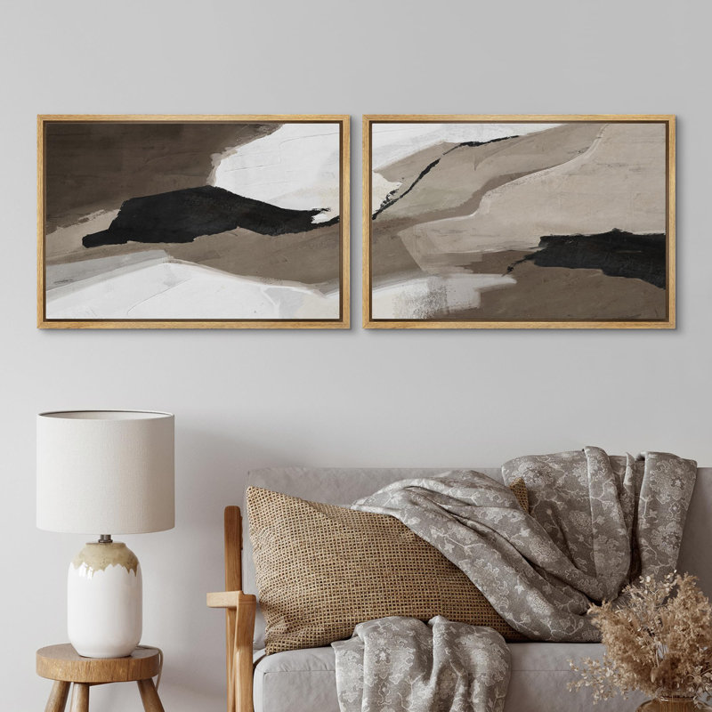 Forme Mid-Century «Minimalist Terrain Brown Abstract Rustic Shapes», 2 pièces, H 16 po x l 24 po, Encadré naturel