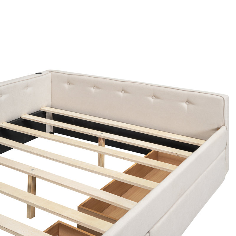 Lit plateforme tapissier en lin avec tiroirs et port USB, Double 