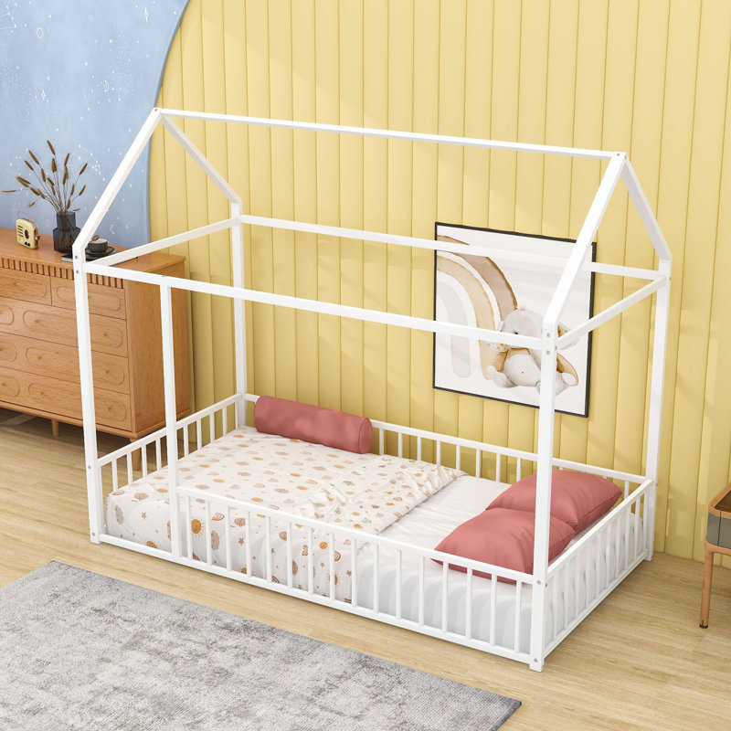 Twin Metal House Bed With Fence-Style Guardrails, White