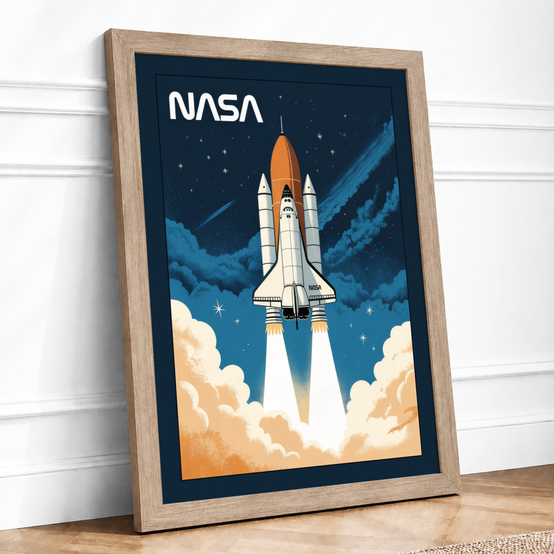 Space Shuttle Launch Retro - Framed Print, A2 - 59.4 x 42.0 cm, Oak