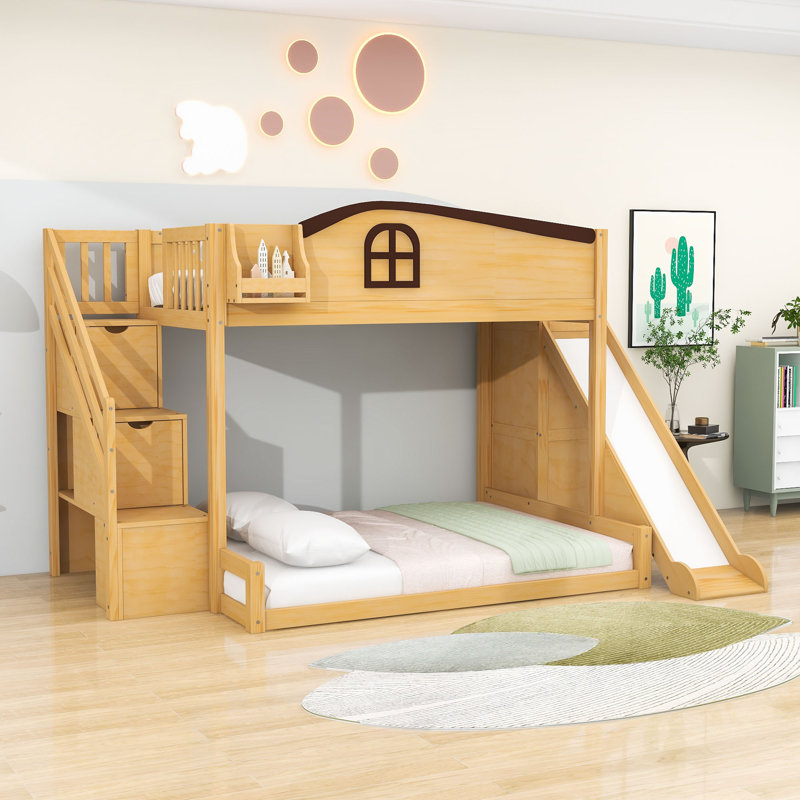 Lit superposé simple au-dessus de double avec glissière, garde-robe et escalier de rangement, Naturel / espresso