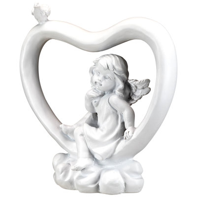 Décoration chérubin cœur avec oiseau - 7 po - blanc