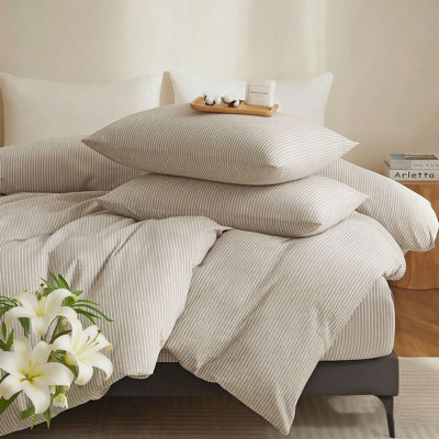 Ensemble de housse de couette à rayures XINMIANFANG 3 pièces 100% coton lin lavé sensation brun blanc avec literie à rayures verticales confortable et respirante