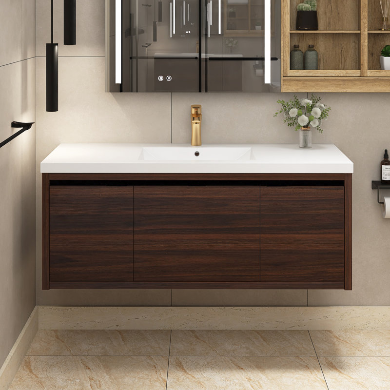 47.2'' Wall Mounted Single Sink Bathroom Vanity with Resin Top, California Walnut