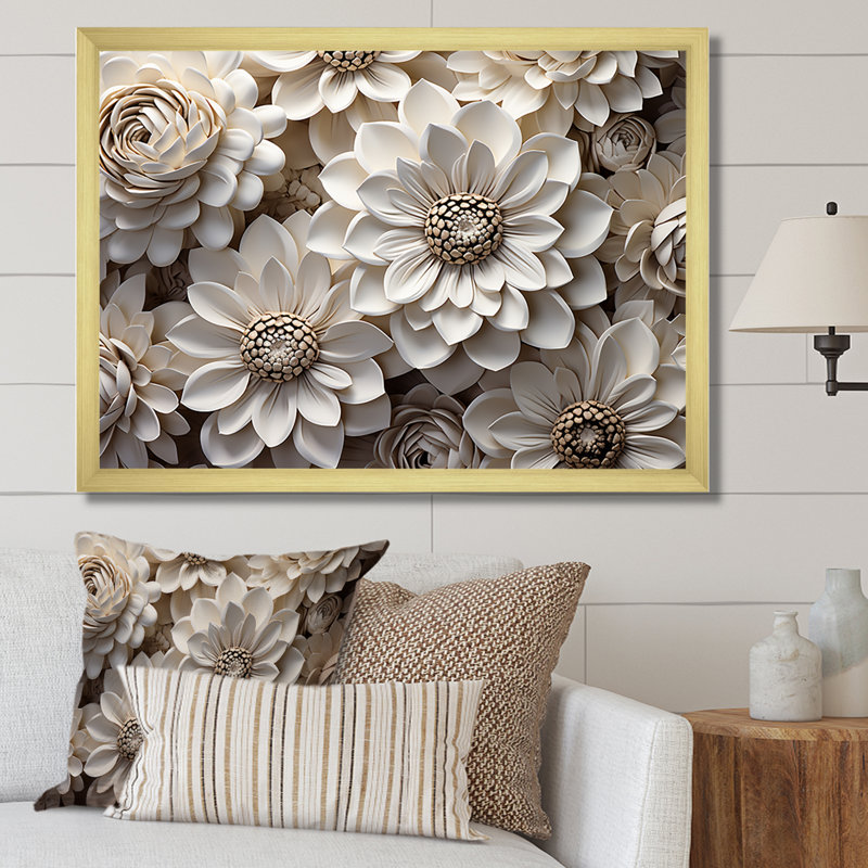 Représentation transparente de zinnias blancs sur toile, Cadre doré simple, H 30 po x l 40 po x P 1,5 po