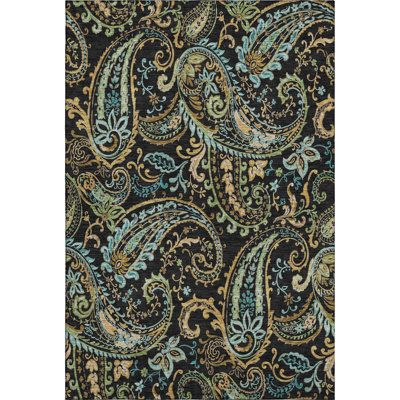 8' X 10' Black Blue And Green Paisley Washable Area Rug With UV Protection