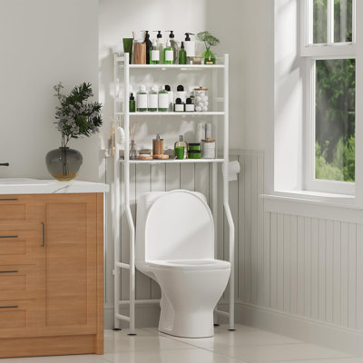 3-Tier Over The Toilet Storage Shelf With Paper Holder And Hooks, Freestanding Bathroom Organizer For Small Spaces, Sturdy Metal Construction With Rustproof Coating