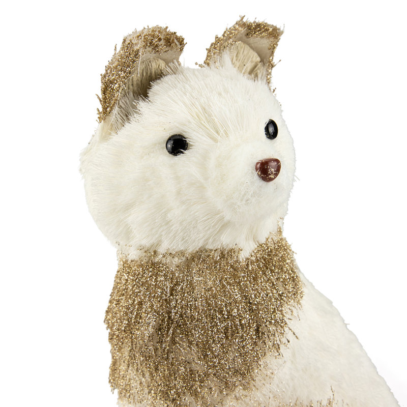 9.25" White Sisal Fox with Gold Glitter Christmas Figure