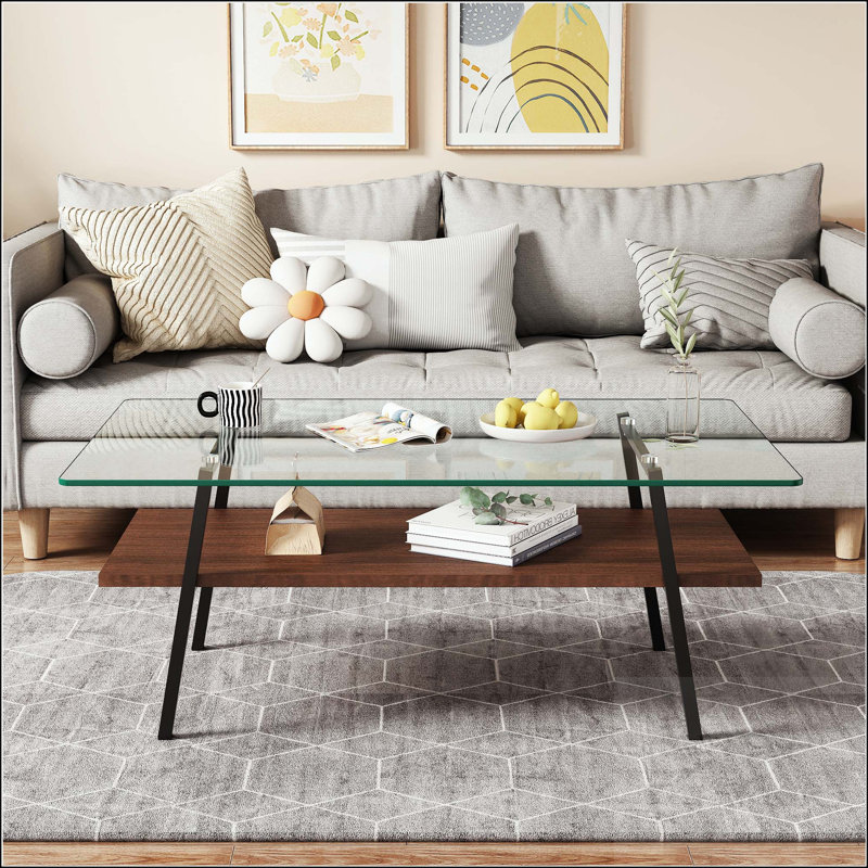 Table basse rectangulaire avec plateau en verre trempé et pieds en métal, verre transparent, Transparent / noir