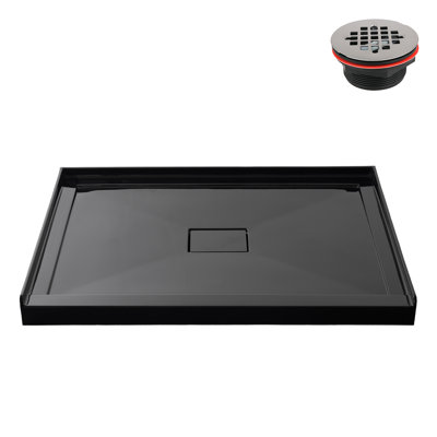 48 in. x 32 in. Alcove Acrylic Shower Base in Glossy Black With Centre Drain, Drain Included
