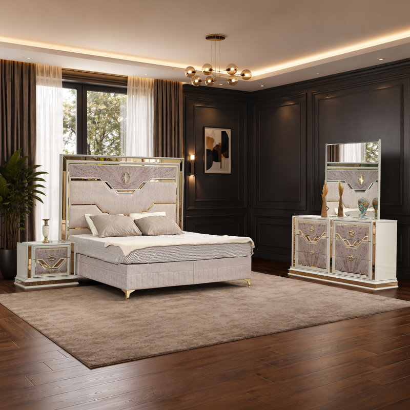 Ensemble de chambre à coucher 4 pièces Sharada, Très grand lit, 4 pièces: miroir, lit, commode, table de chevet