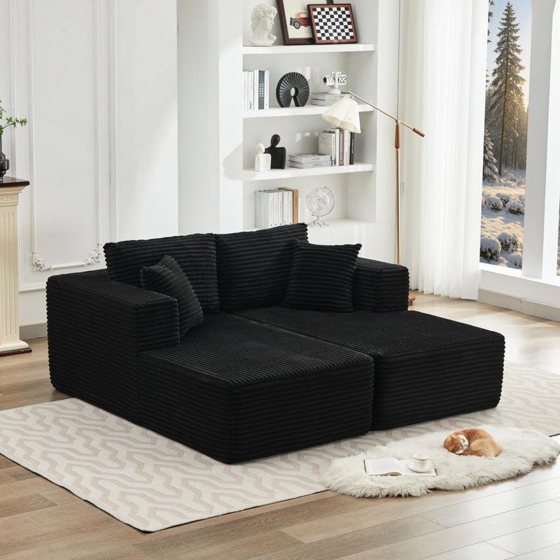 Canapé-lit modulaire 106 po Cloud, canapé modulaire moderne pour siège profond, sans assemblage, velours côtelé noir, 2 sièges, siège mi-moelleux, rembourrage en mousse, espace principal idéal avec confort