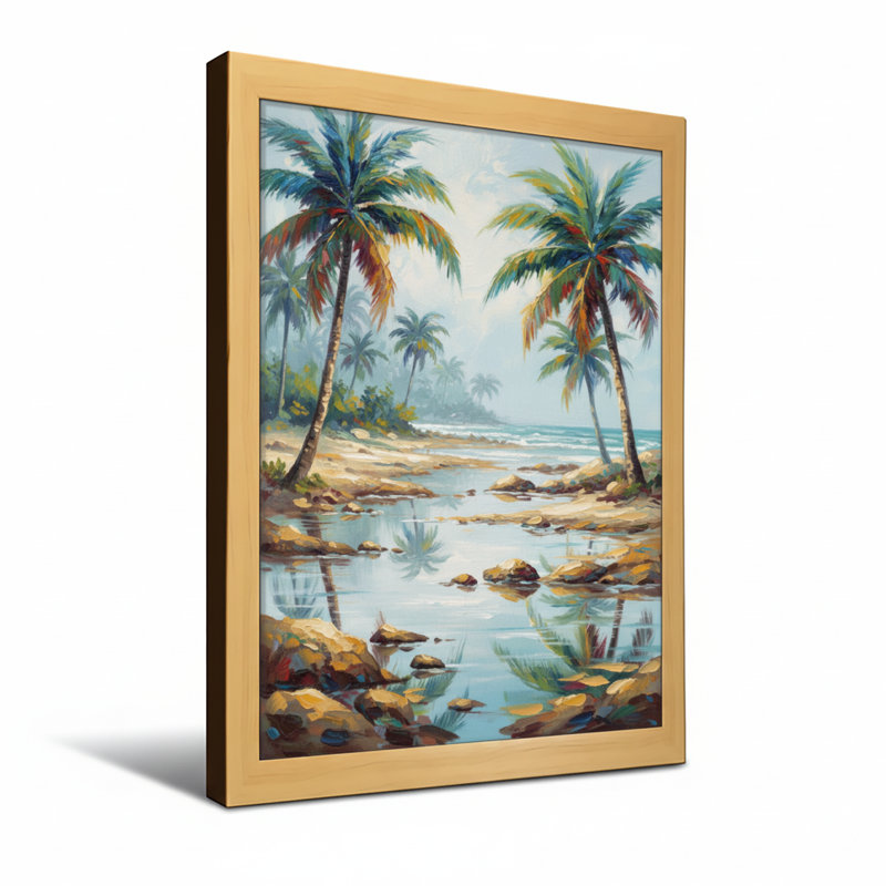 Plantes et fleurs, plage tropicale avec palmiers et eau calme, Toile tendue, Does Not Apply, H 18 po x l 12 po