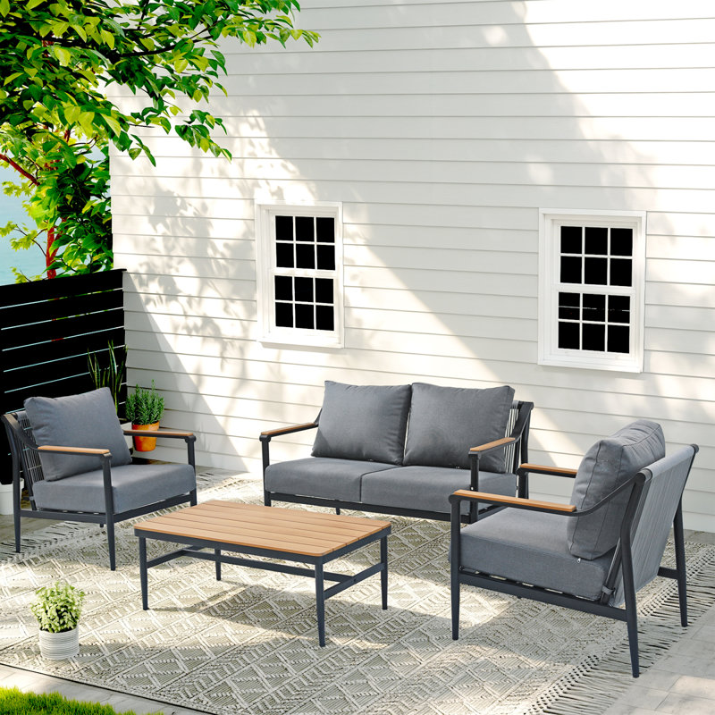Canapés de patio confort, ensemble moderne en métal et grain de bois pour la cour arrière