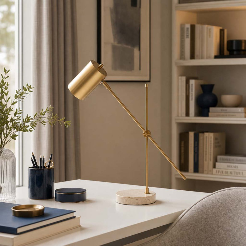 Chic Metal Table Lamp with Adjustable Shade and Travertine Base for Living Room - Small Accent Lamp for Bedroom, Bedside or Desk Lighting - 23", Gold