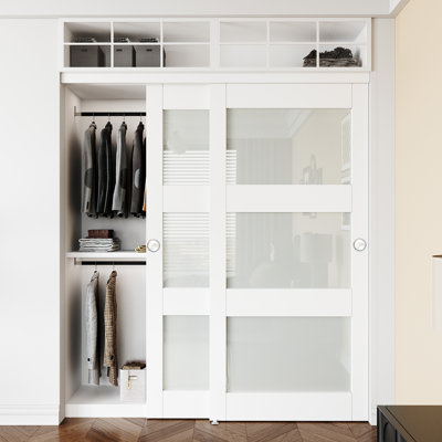 Porte de garde-robe coulissante en verre givré blanc 3 x 72 po à 3 verres avec toute la quincaillerie de porte de garde-robe coulissante (nécessite un assemblage)