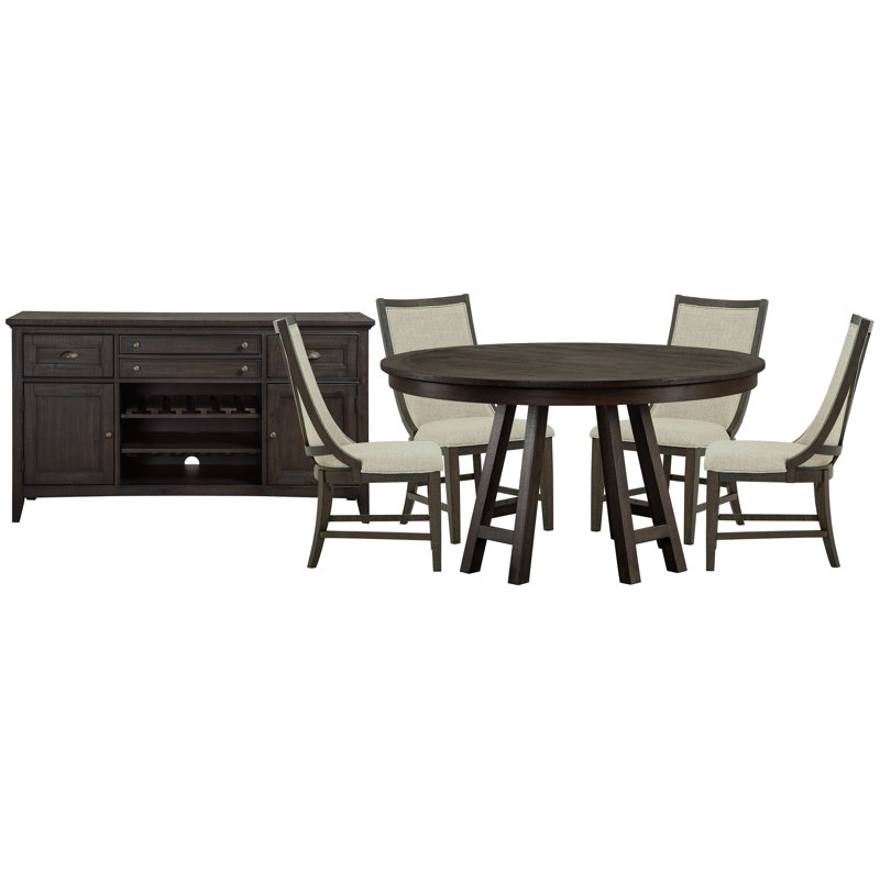 52" Round Dining Table With 4 Host Chairs And Buffet, Gray, 6 Pieces: Table, 4 Chairs, Sideboard