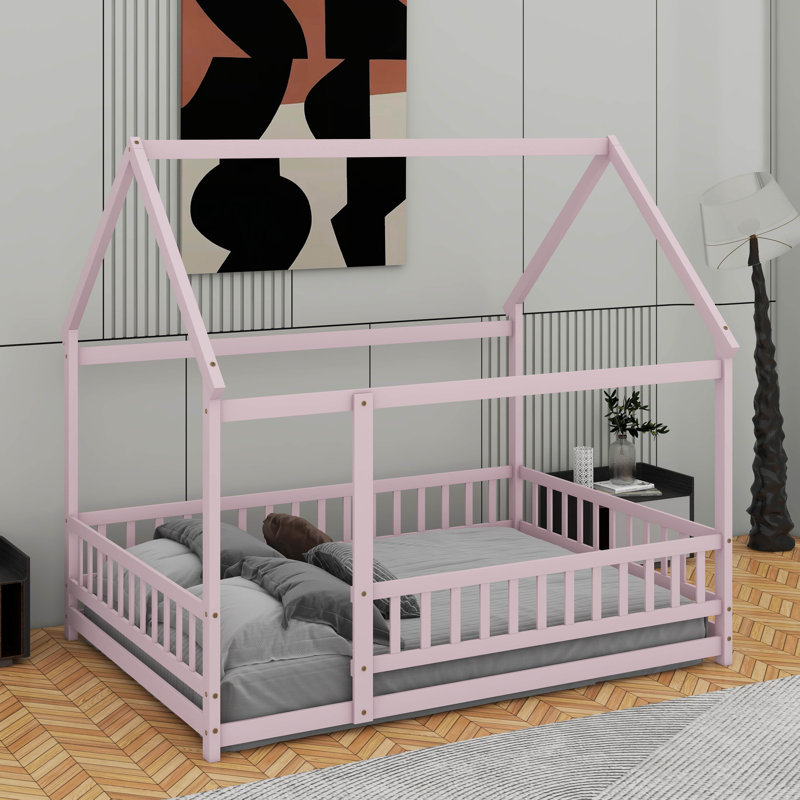Lit en bois avec structure de toit House House, Lit double, Rose