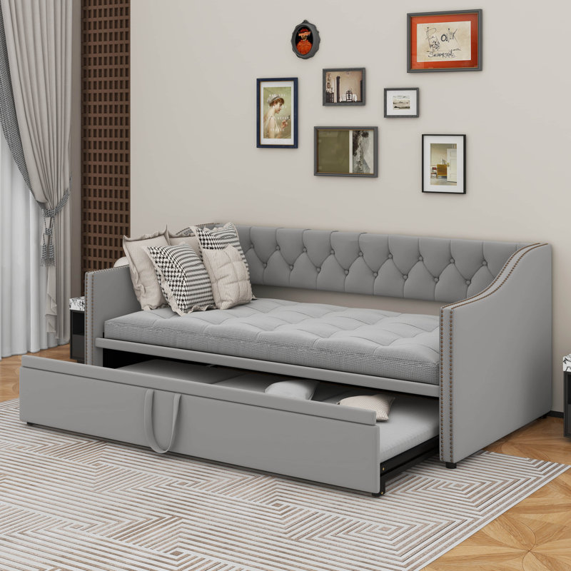 Twin Size Upholstered Daybed With Trundle, Gray