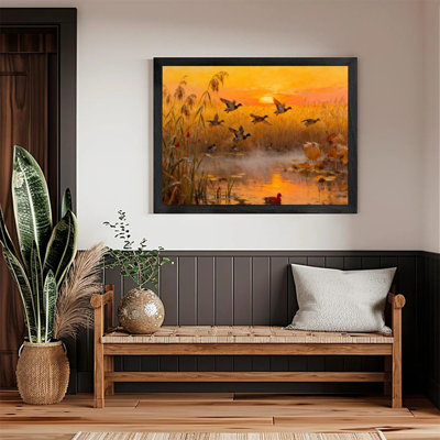 «Golden Sunset Ducks Art» encadré en noir
