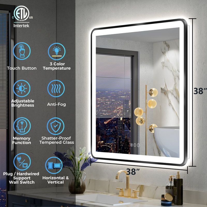 Hyosvany Matte Black Matel Framed LED Vanity Mirror with Front-lit and Back-lit, Memory Function, 3 Color Temperatures, Dimmable Light & Anti-fog Tempered Glass Mirror