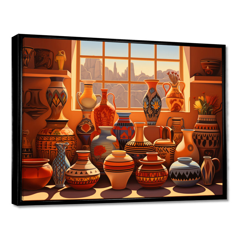 Vase mexicain en terre cuite fenêtre vue coucher de soleil - impression d'art mural fenêtre florale, Cadre flottant noir