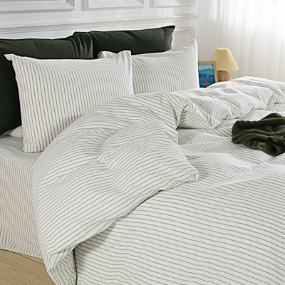 Ensemble de literie 100% coton délavé NEXHome Pro, en lin texturé, respirant, organique, 3 pièces (rayures vertes 80 x 90)