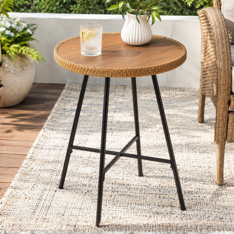 Table de bar ronde 24 po, table bistro d'extérieur en osier avec plateau en faux bois pour le jardin, la cour, le balcon et la piscine