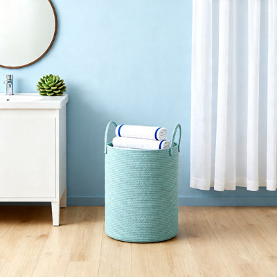 Tall Cotton Rope Laundry Hamper, Woven Basket for Clothes and Blanket Storage (Green)