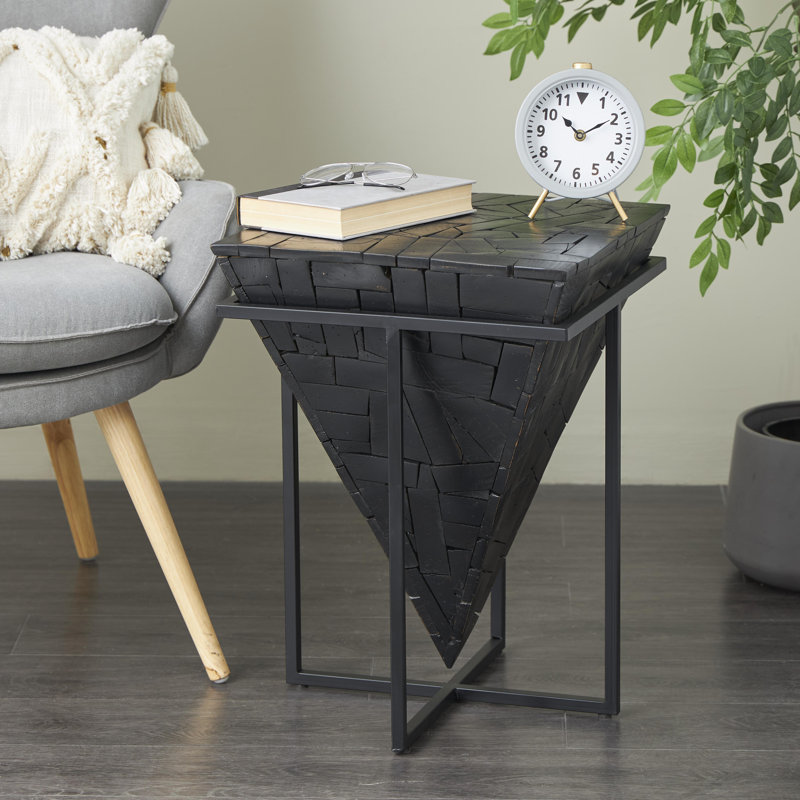 Table d'appoint géométrique en teck inversée faite à la main avec base en métal noir et motif mosaïque