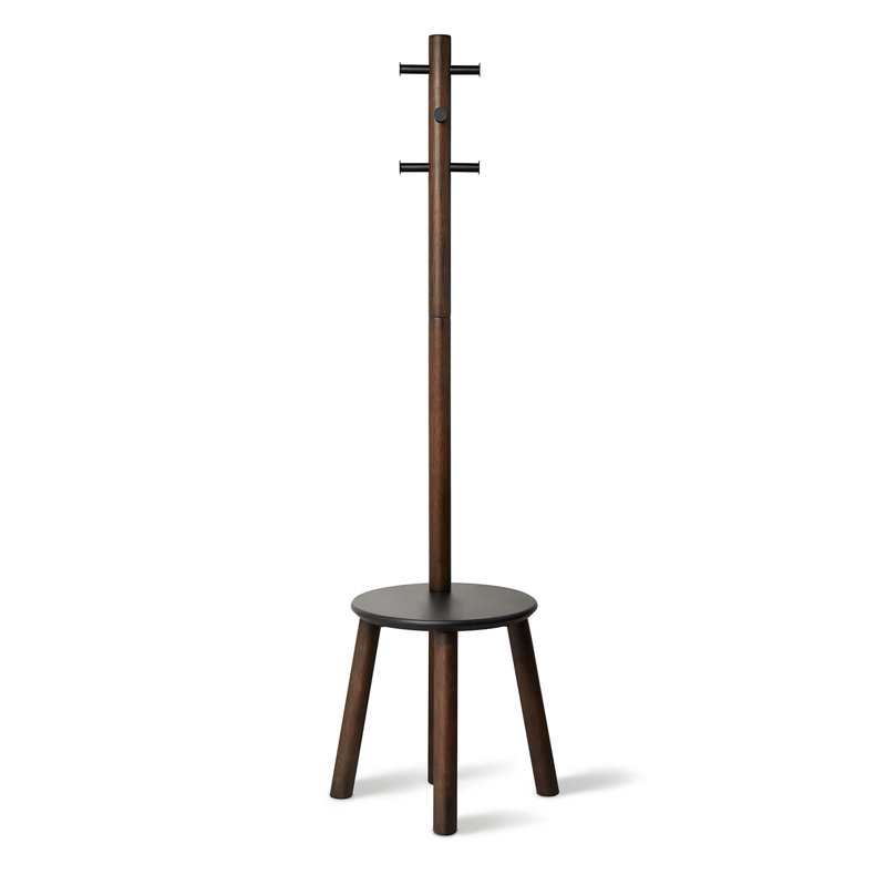 Black and Walnut Multifunctional Coat Rack with Integrated Stool
