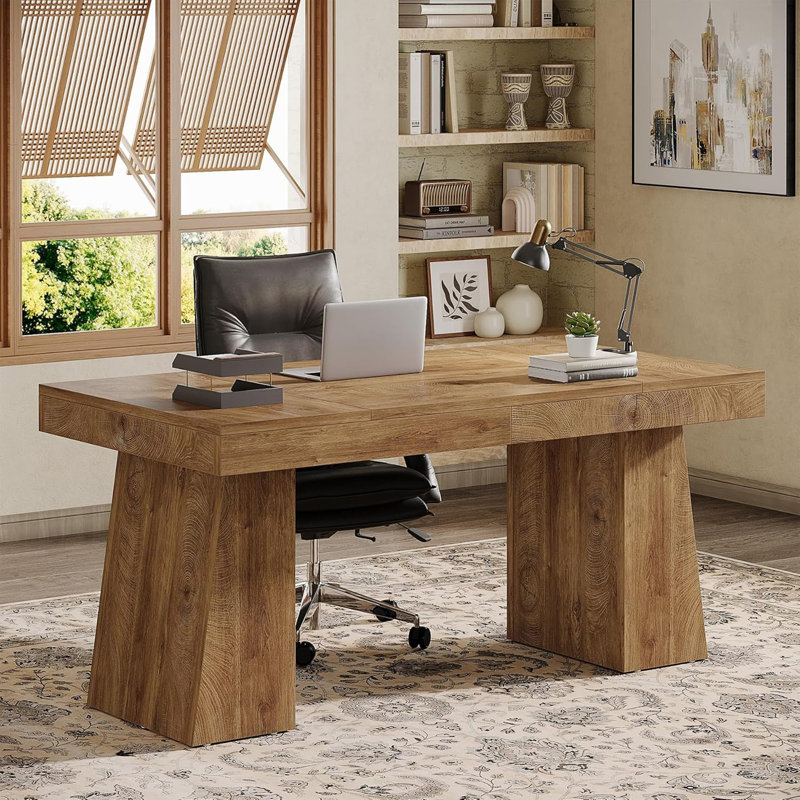 Bureau de direction moderne en bois clair 55,12 po avec double piédestal pour bureau (seulement table, sans chaise)