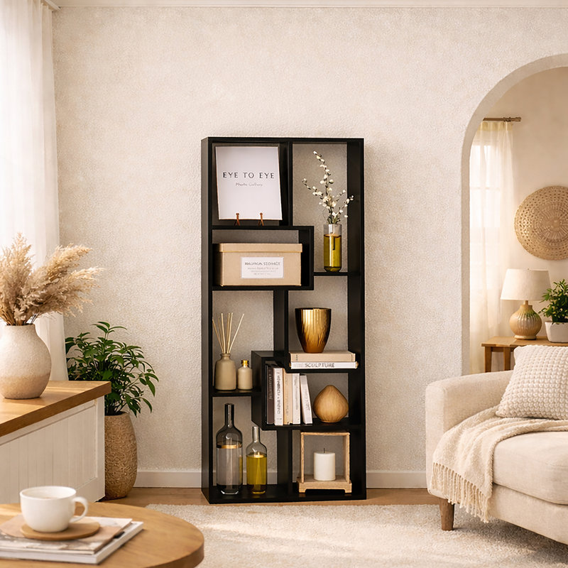 Asymmetrical Display Shelf & Bookcase, 5-Tier, Black, Black
