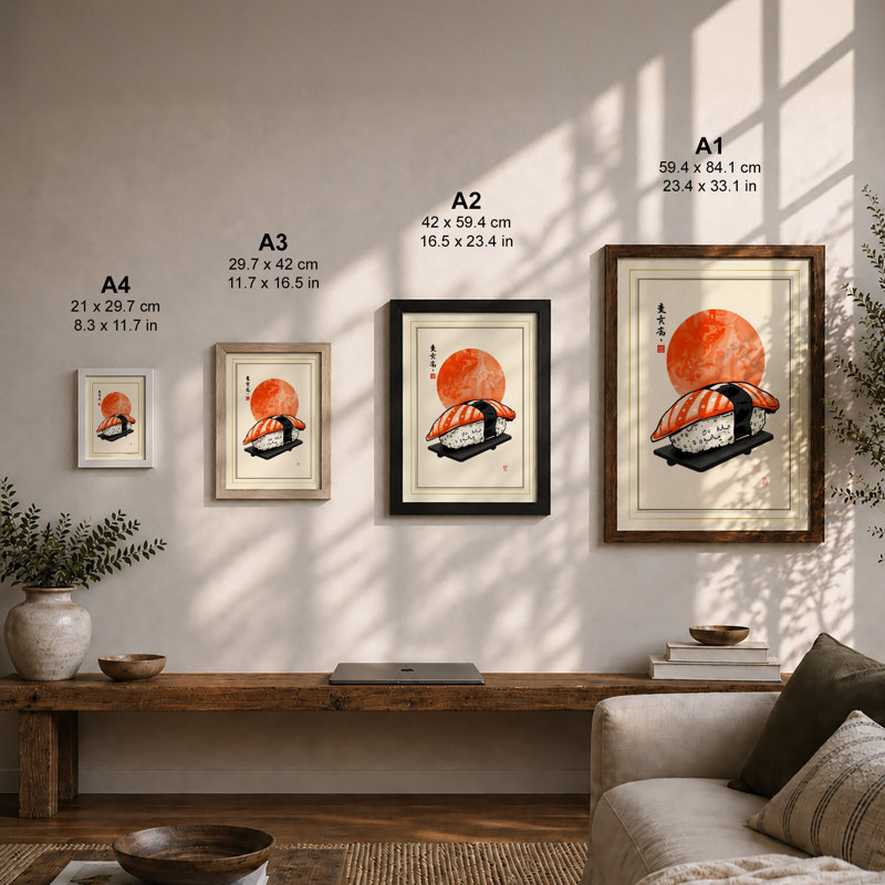 Sushi Under Sun Japandi - Framed Print, A4 - 29.7 x 21.0 cm, Oak